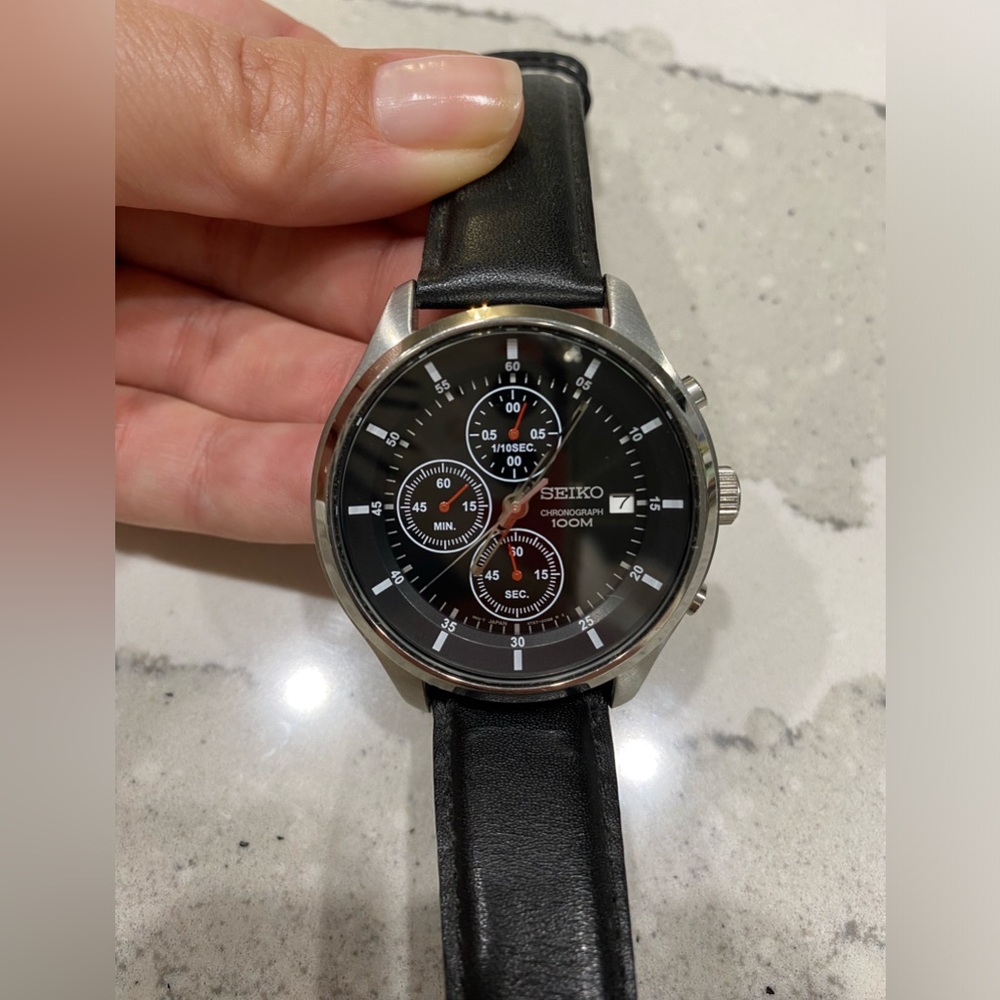 Seiko Chronograph Watch Seiko Wrist Watch Black leather silver luxury timepiece